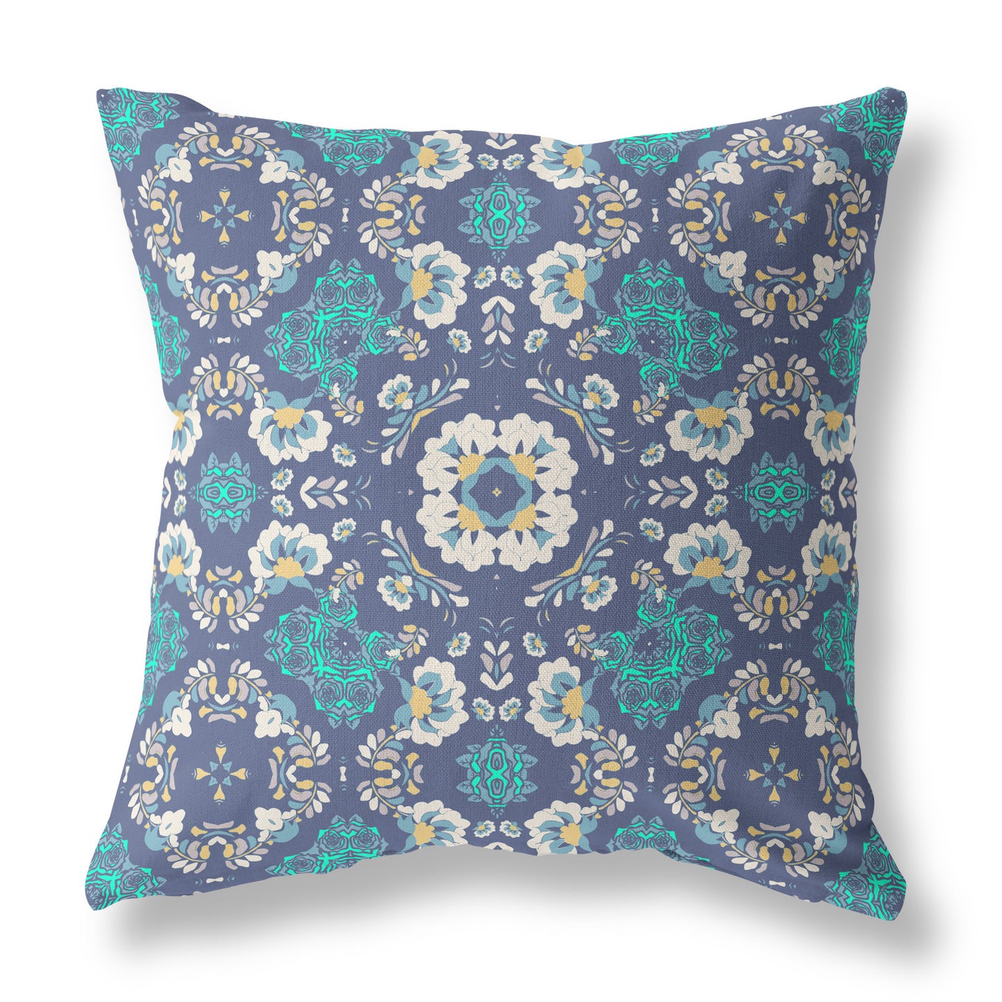 16" X 16" Blue And White Blown Seam Suede Geometric Throw Pillow