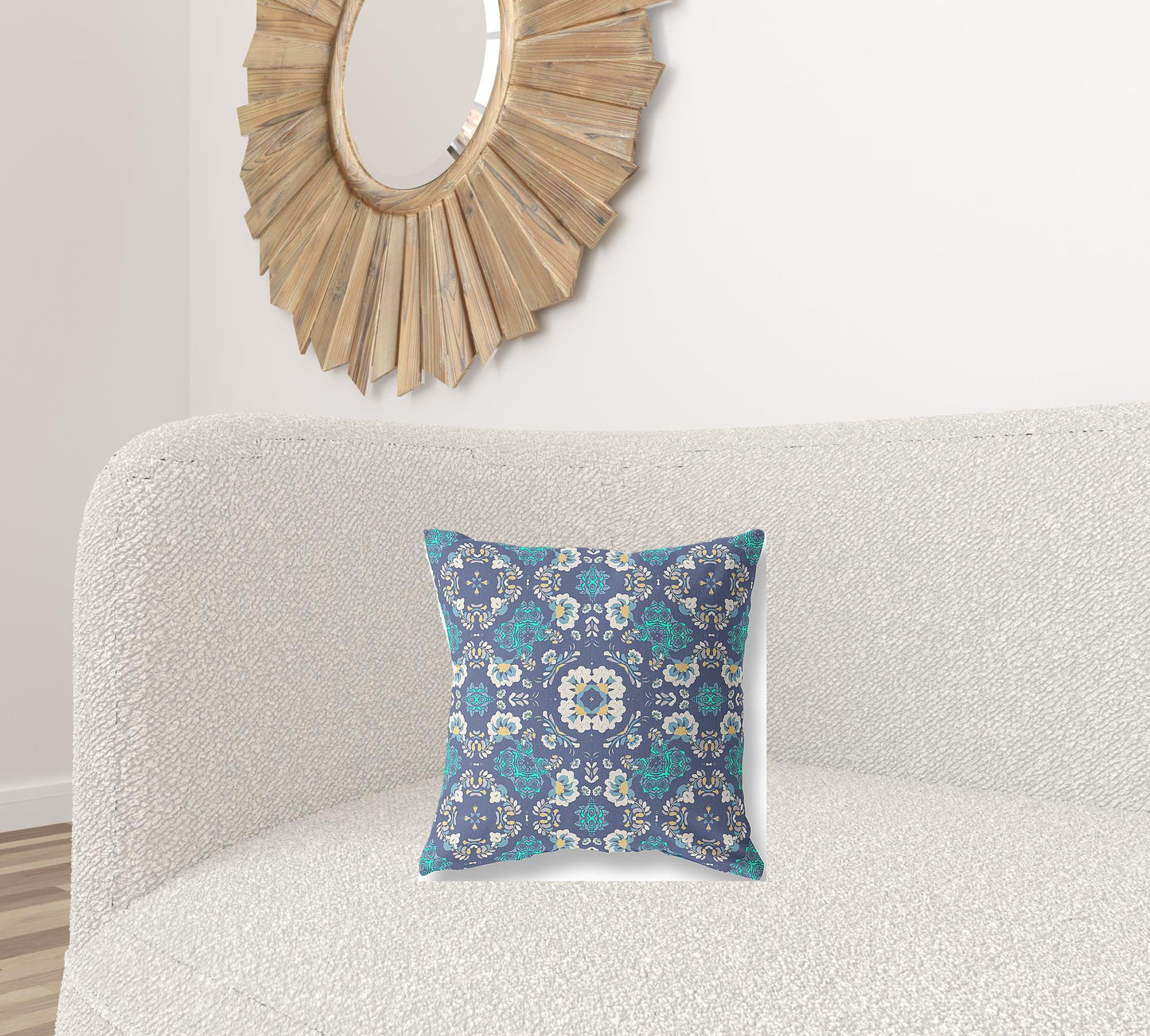 16" X 16" Blue And White Blown Seam Suede Geometric Throw Pillow