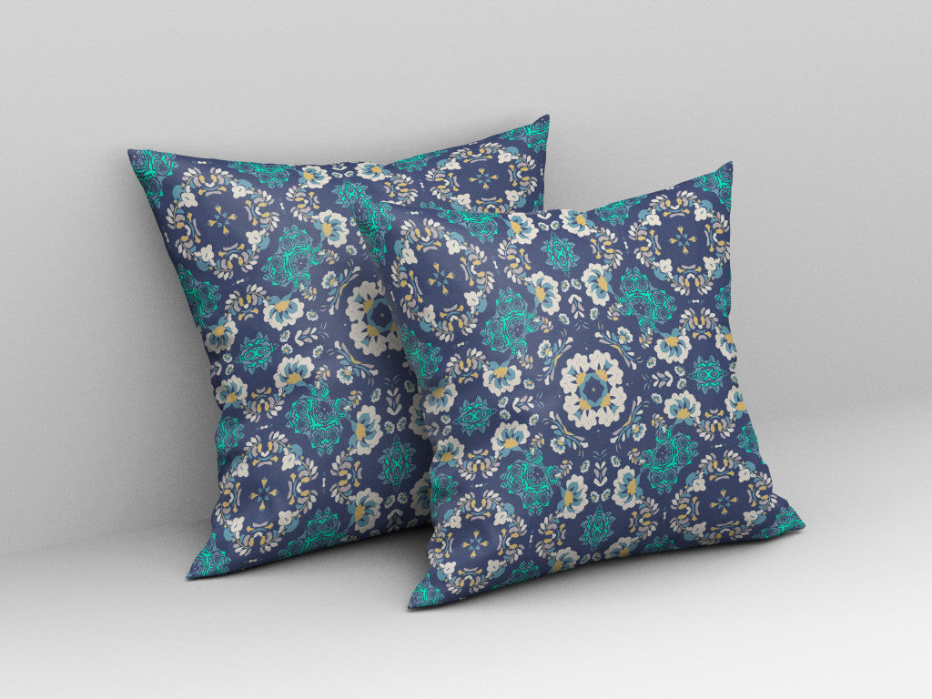 18" X 18" Blue And White Blown Seam Suede Geometric Throw Pillow
