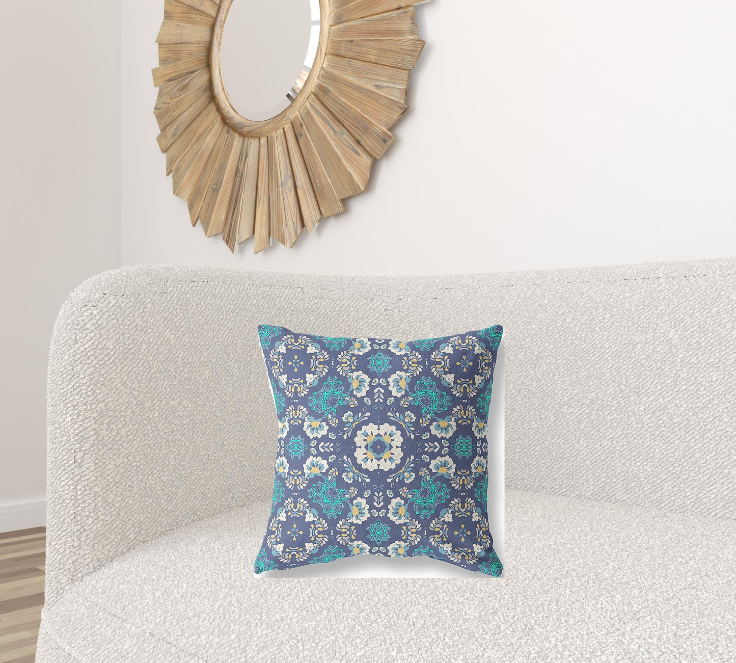 18" X 18" Blue And White Blown Seam Suede Geometric Throw Pillow
