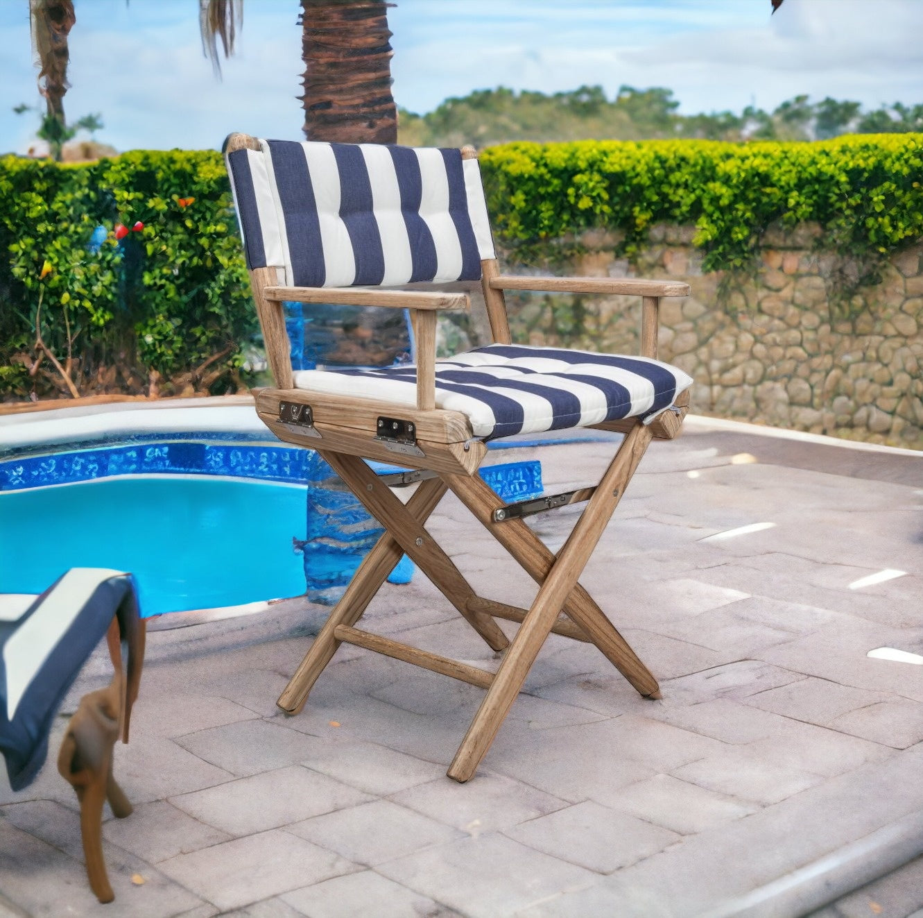 Blue and White And Brown Solid Wood Director Chair With Blue and White Cushion