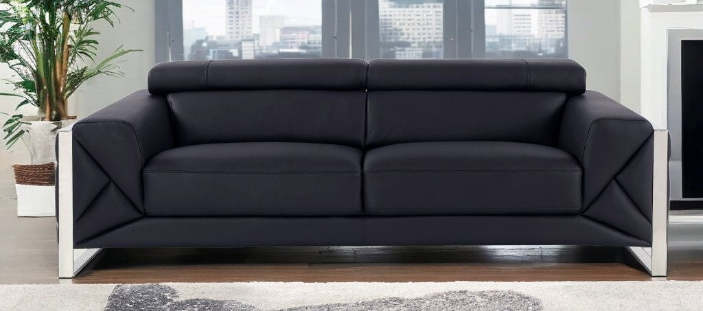 89" Black And Silver Genuine Leather Sofa
