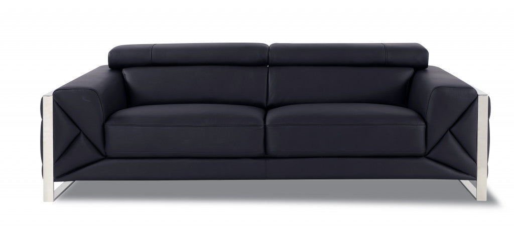 89" Black And Silver Genuine Leather Sofa