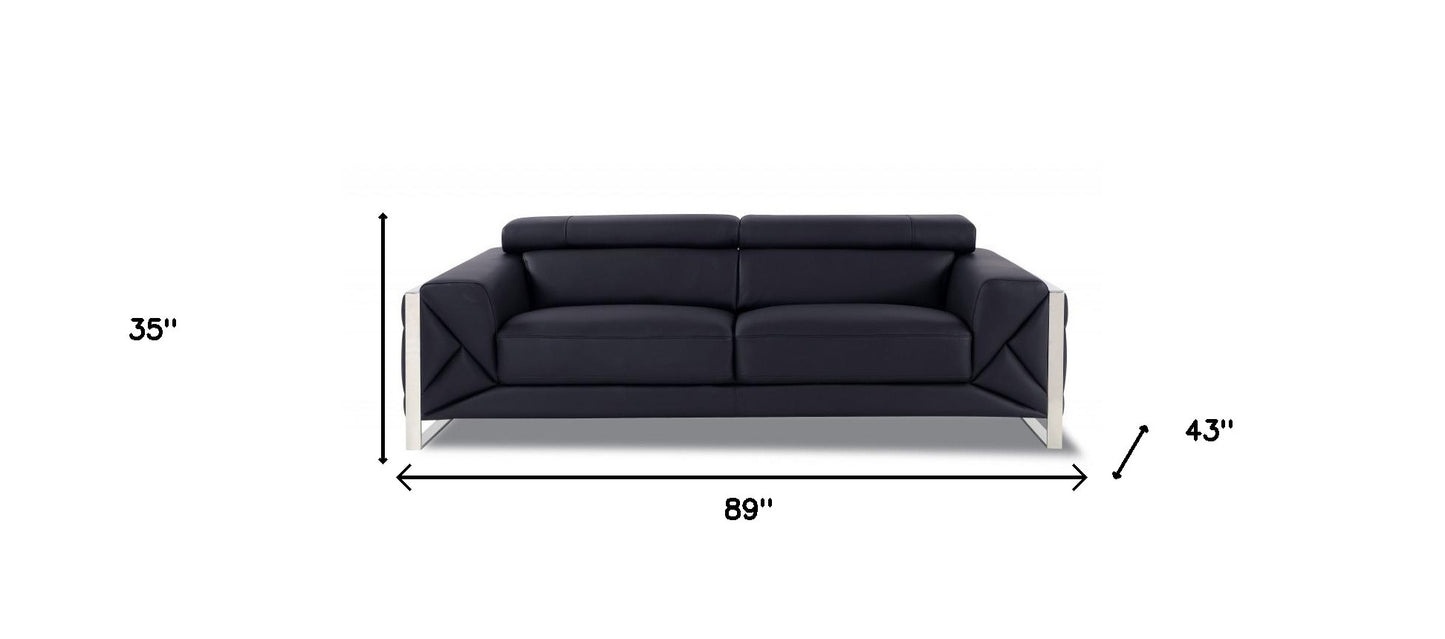 89" Black And Silver Genuine Leather Sofa