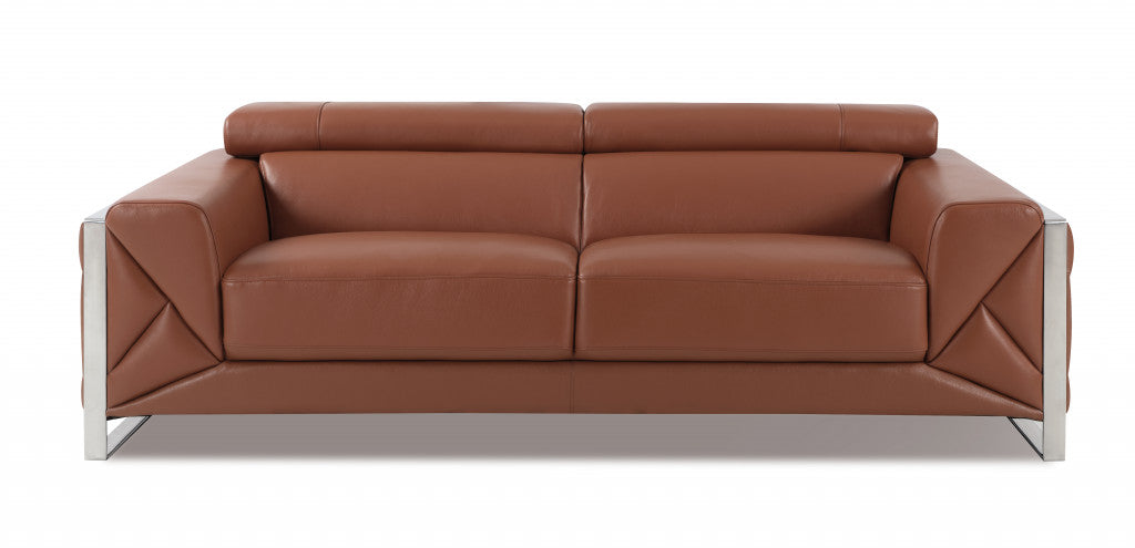 89" Camel And Silver Genuine Leather Sofa