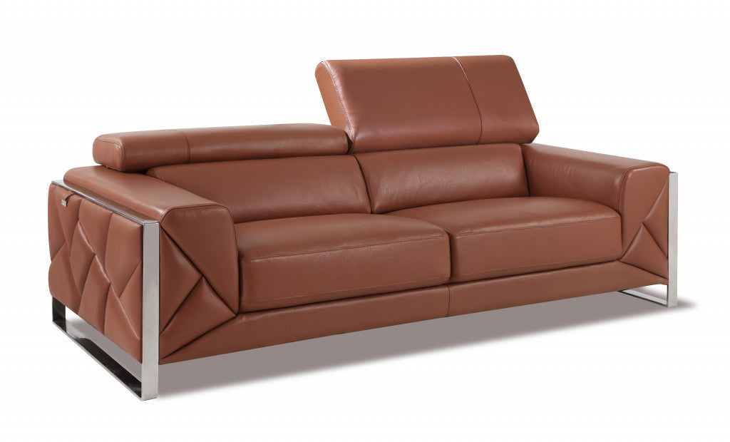 89" Camel And Silver Genuine Leather Sofa