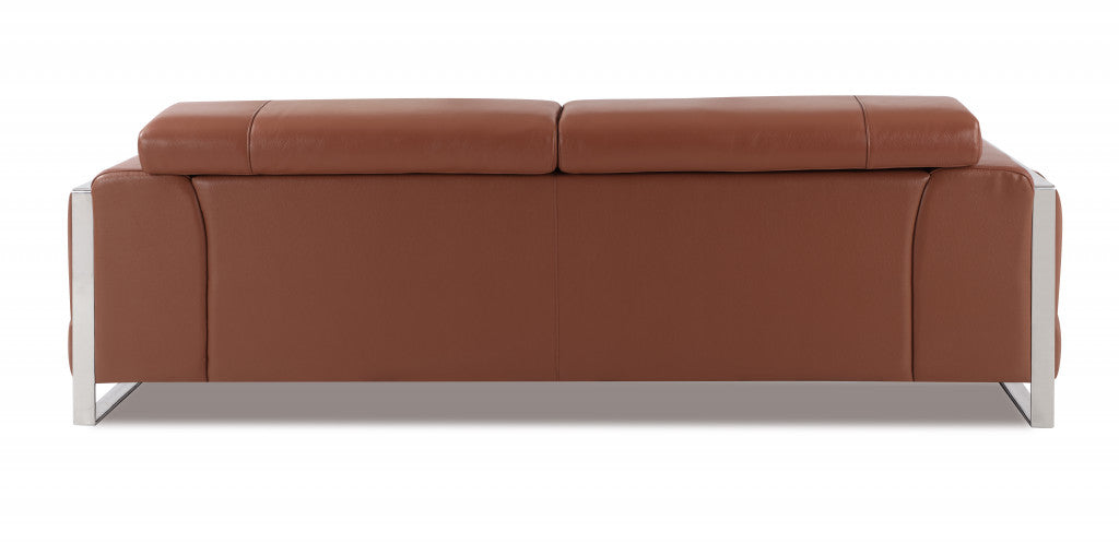 89" Camel And Silver Genuine Leather Sofa