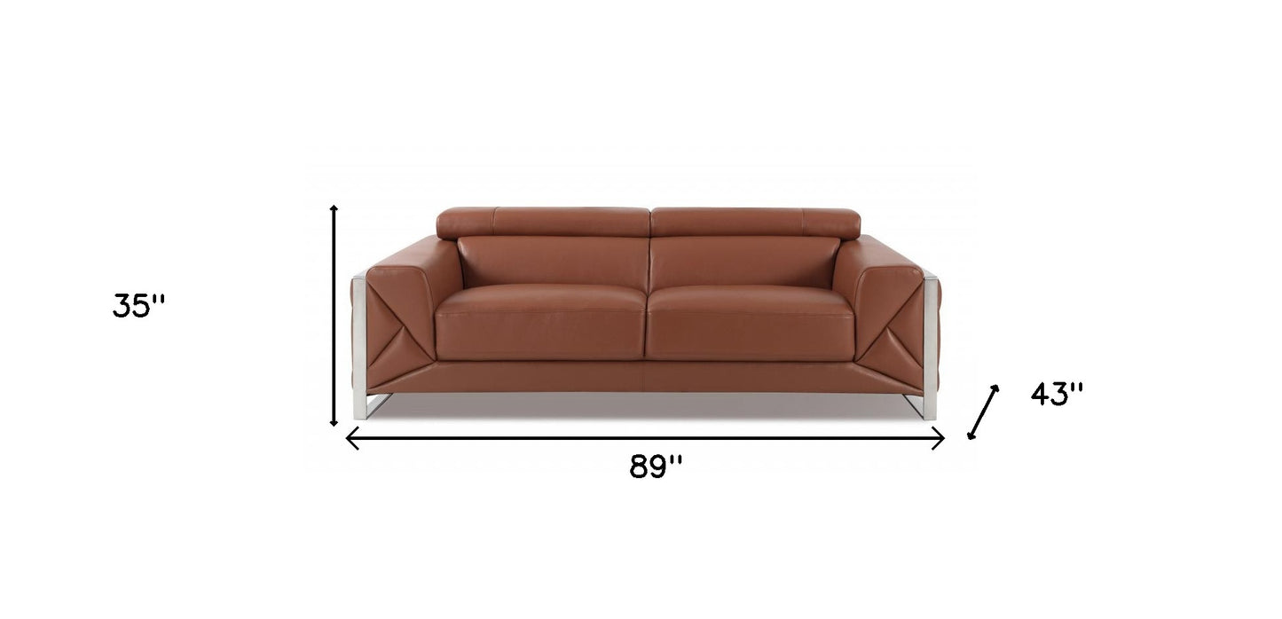 89" Camel And Silver Genuine Leather Sofa