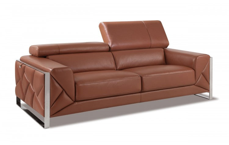 89" Camel And Silver Genuine Leather Sofa