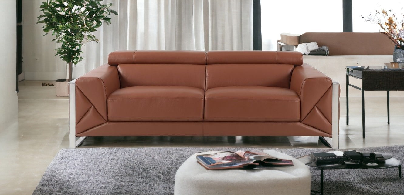 89" Camel And Silver Genuine Leather Sofa