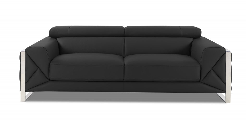 89" Dark Gray And Silver Genuine Leather Sofa