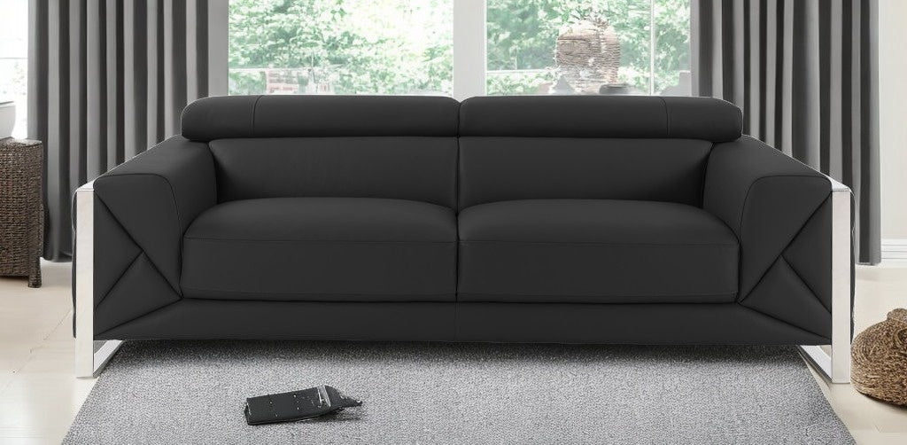 89" Dark Gray And Silver Genuine Leather Sofa