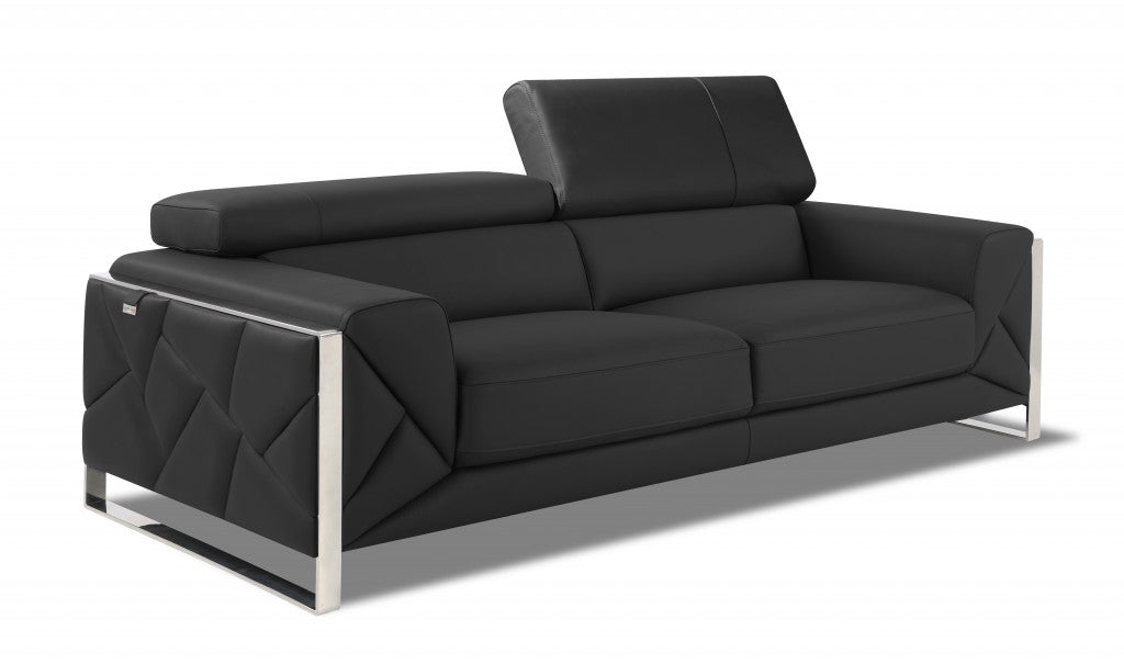 89" Dark Gray And Silver Genuine Leather Sofa