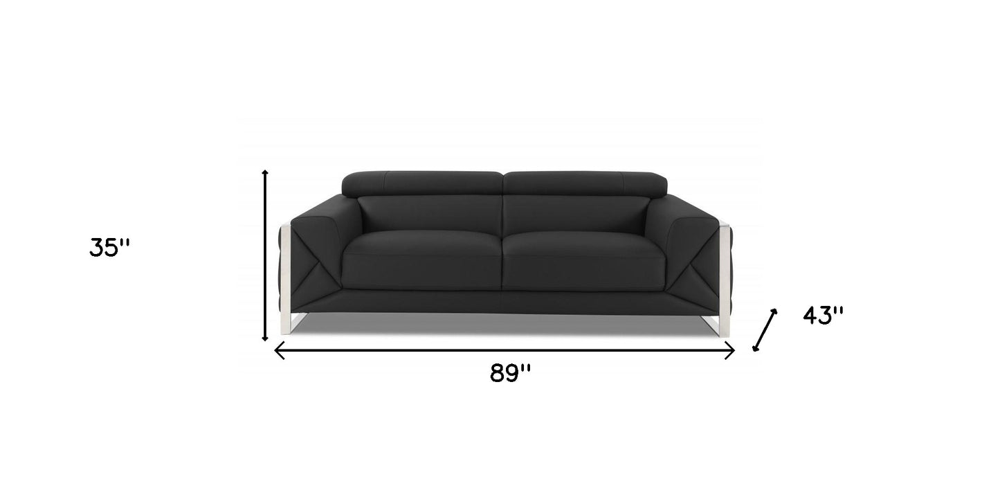 89" Dark Gray And Silver Genuine Leather Sofa