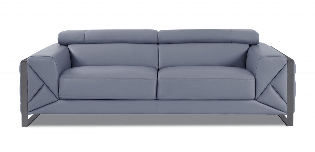 89" Light Blue And Silver Genuine Leather Sofa
