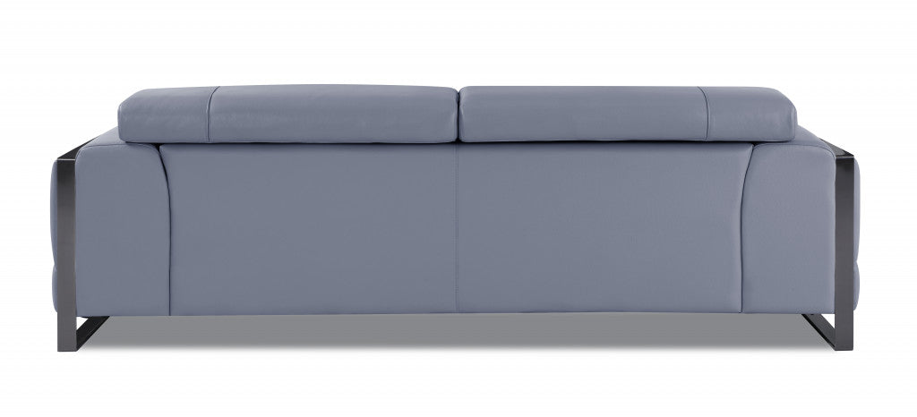 89" Light Blue And Silver Genuine Leather Sofa
