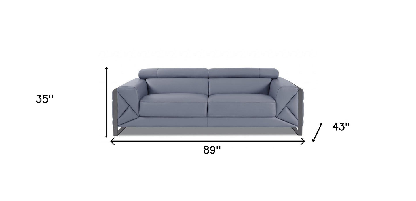 89" Light Blue And Silver Genuine Leather Sofa