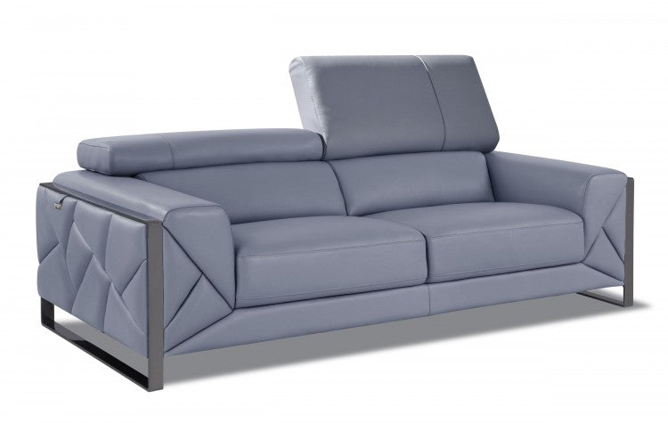 89" Light Blue And Silver Genuine Leather Sofa