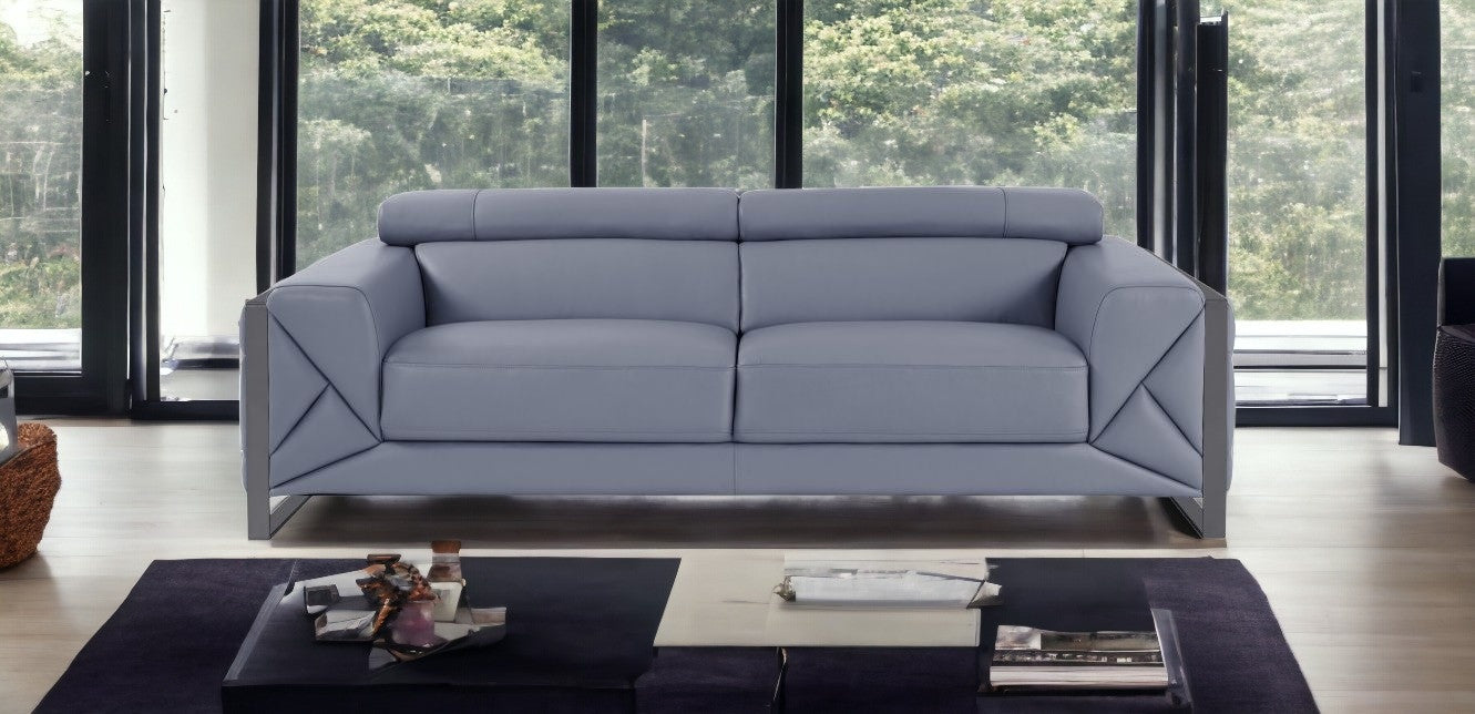 89" Light Blue And Silver Genuine Leather Sofa