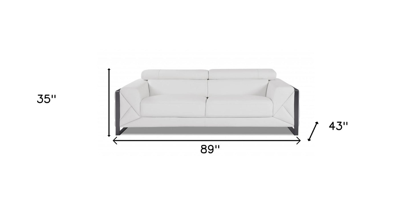 89" White And Gunmetal Genuine Leather Sofa
