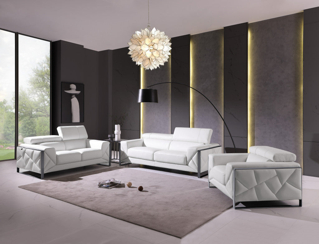 89" White And Gunmetal Genuine Leather Sofa