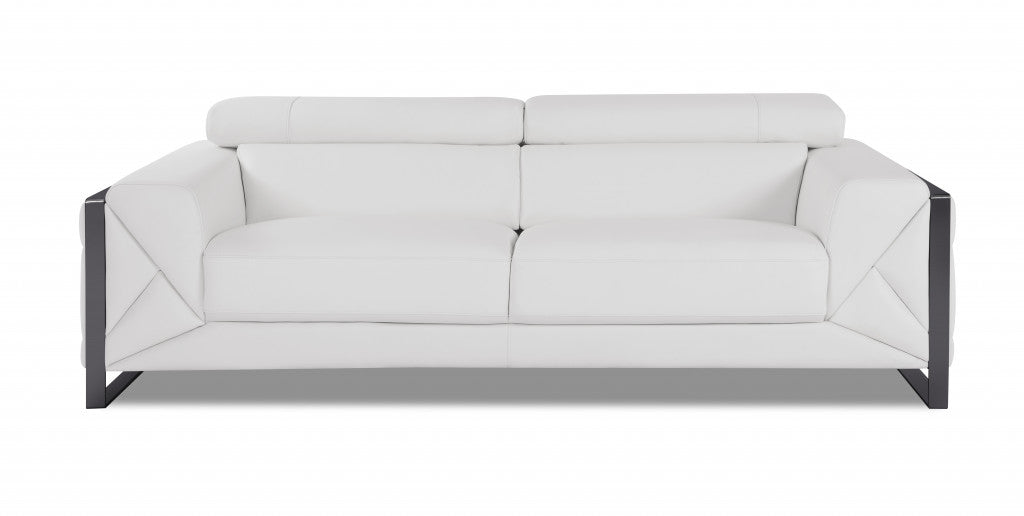 89" White And Gunmetal Genuine Leather Sofa