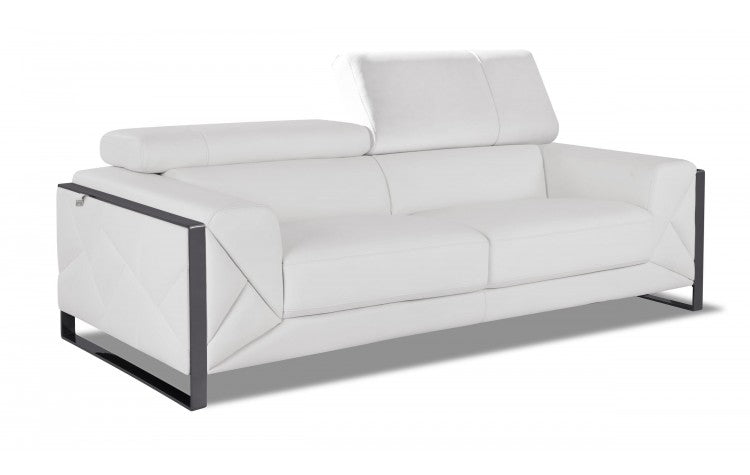 89" White And Gunmetal Genuine Leather Sofa
