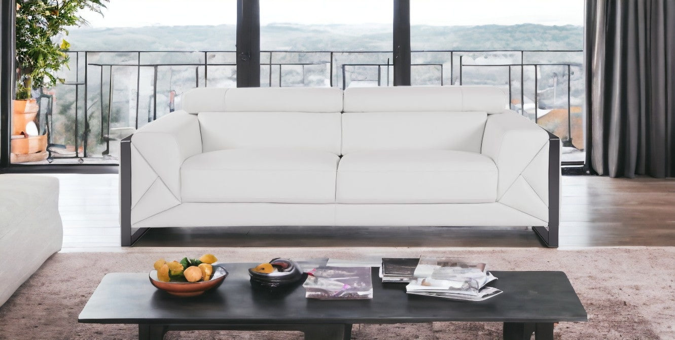 89" White And Gunmetal Genuine Leather Sofa