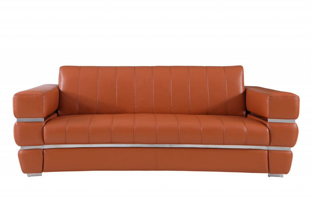 89" Camel And Silver Genuine Leather Sofa