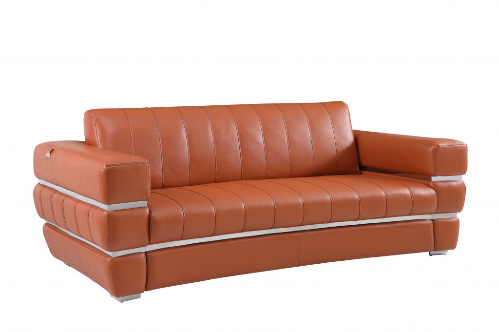 89" Camel And Silver Genuine Leather Sofa