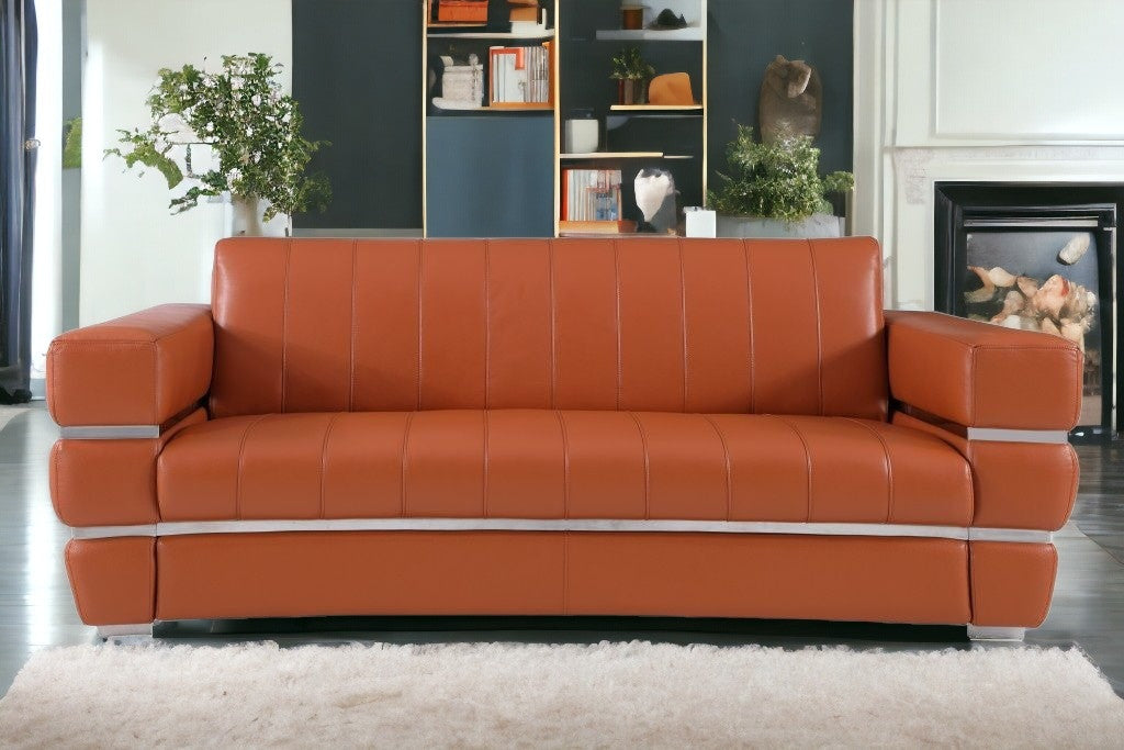 89" Camel And Silver Genuine Leather Sofa