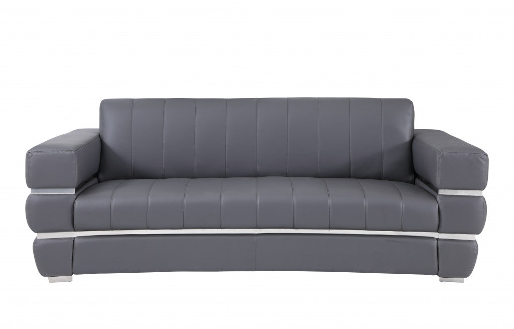 89" Dark Gray And Silver Genuine Leather Sofa