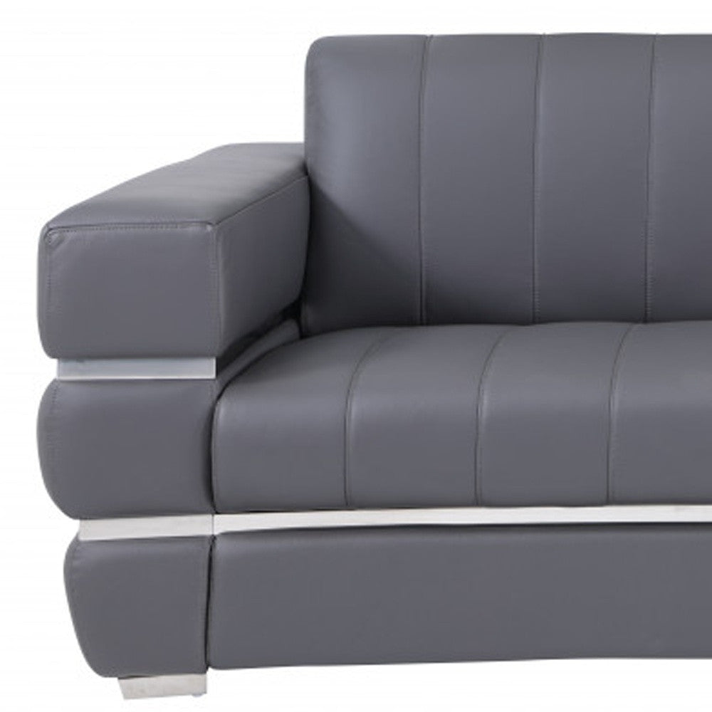 89" Dark Gray And Silver Genuine Leather Sofa