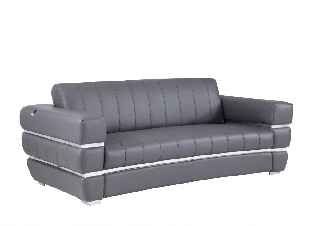89" Dark Gray And Silver Genuine Leather Sofa