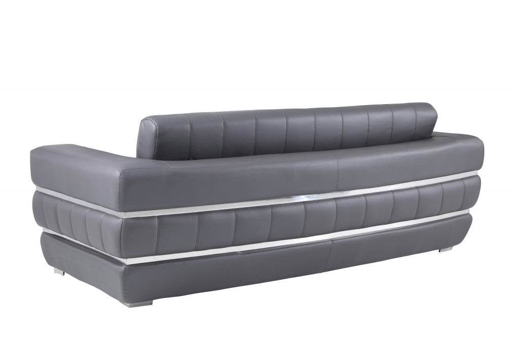 89" Dark Gray And Silver Genuine Leather Sofa