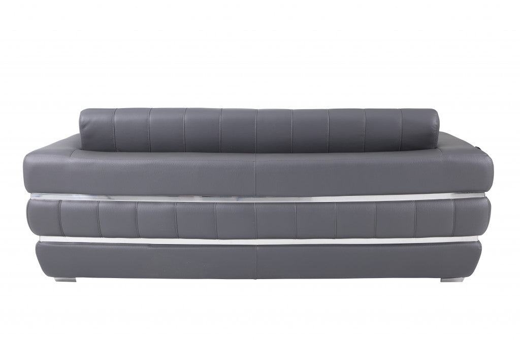 89" Dark Gray And Silver Genuine Leather Sofa