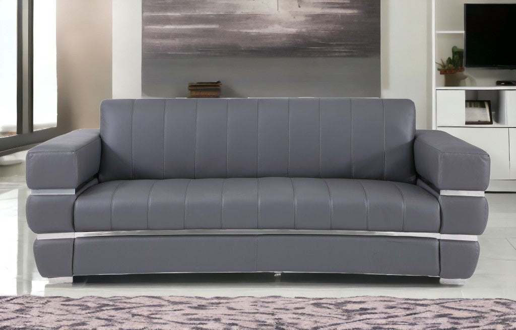 89" Dark Gray And Silver Genuine Leather Sofa