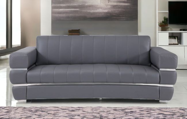 89" Dark Gray And Silver Genuine Leather Sofa