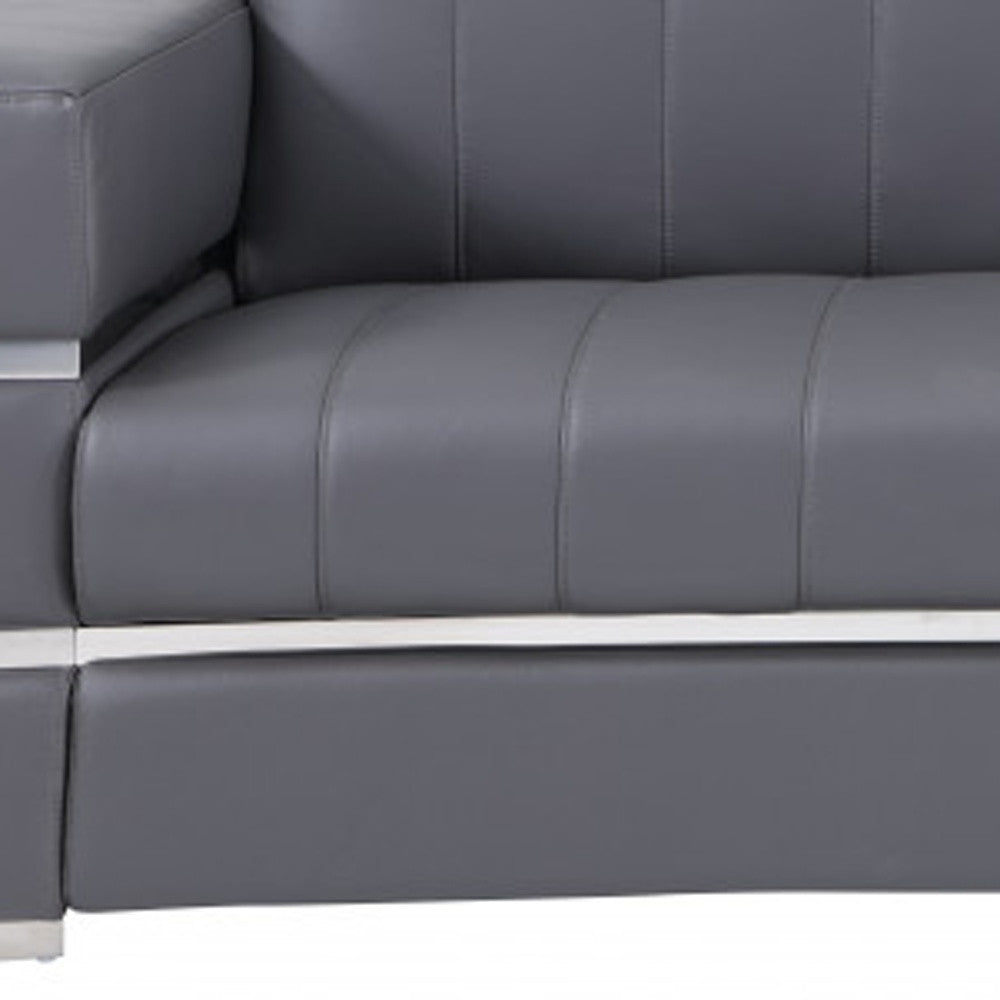 89" Dark Gray And Silver Genuine Leather Sofa