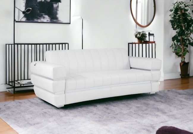 89" White And Silver Genuine Leather Sofa