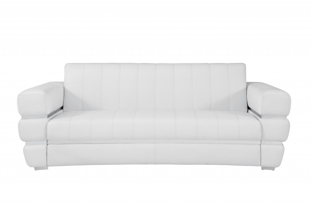 89" White And Silver Genuine Leather Sofa