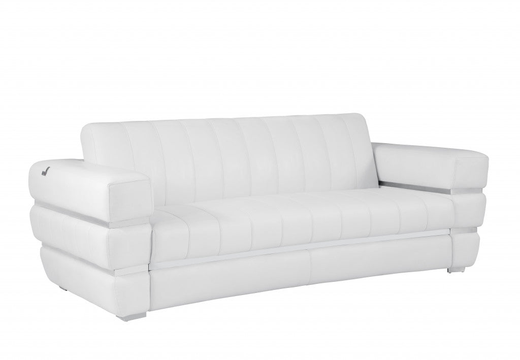 89" White And Silver Genuine Leather Sofa