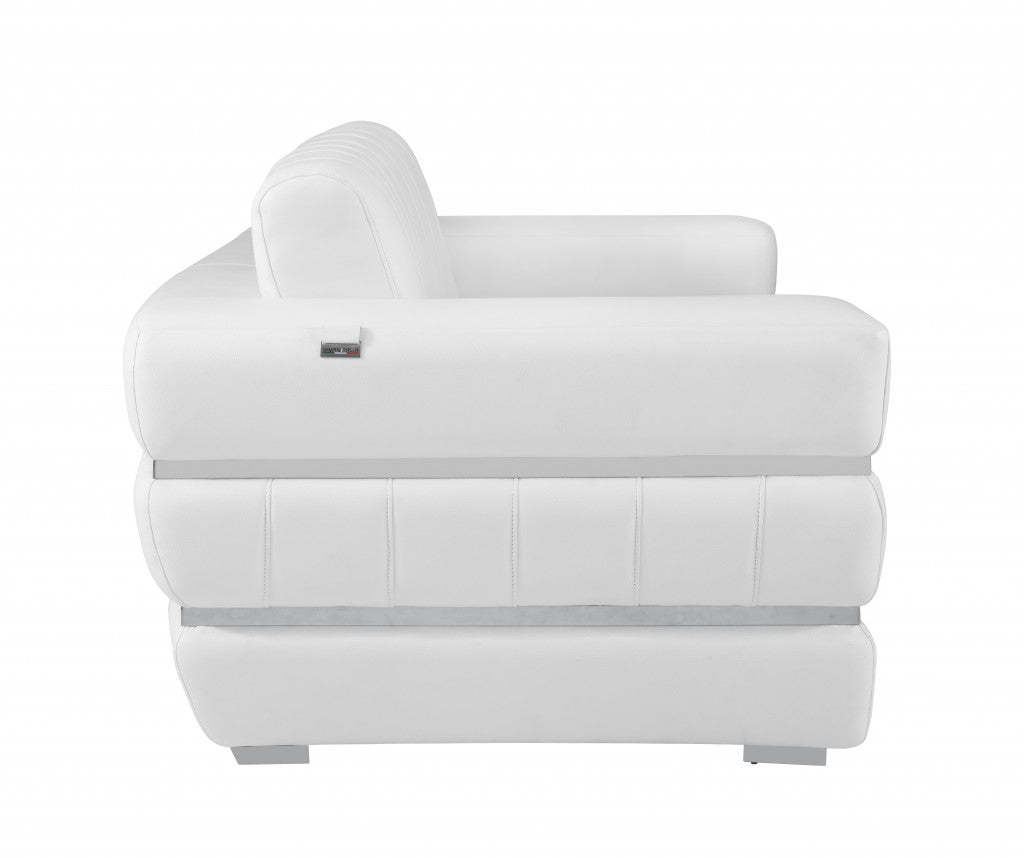 89" White And Silver Genuine Leather Sofa