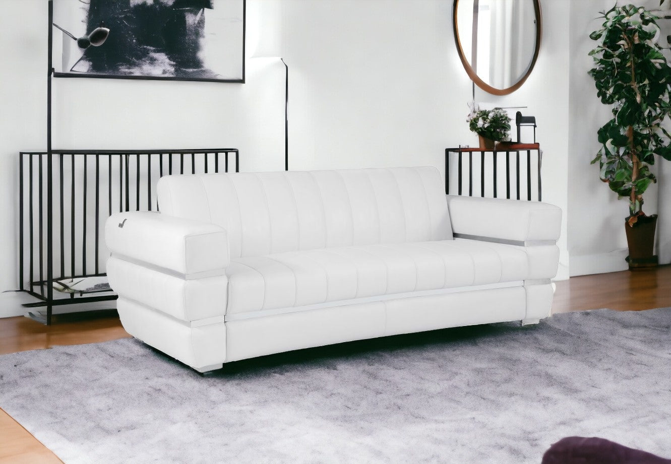 89" White And Silver Genuine Leather Sofa
