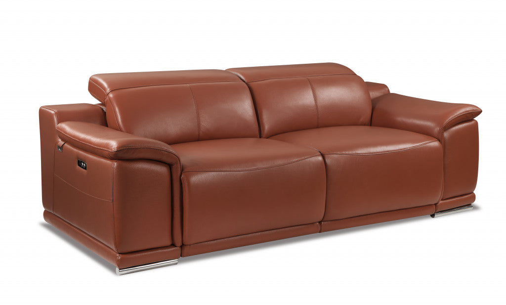 86" Camel And Silver Italian Leather Reclining USB Sofa