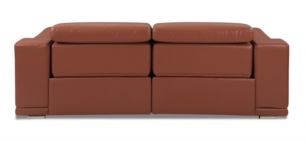 86" Camel And Silver Italian Leather Reclining USB Sofa