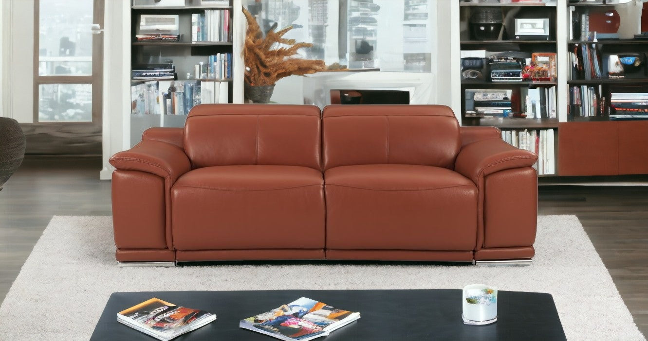86" Camel And Silver Italian Leather Reclining USB Sofa