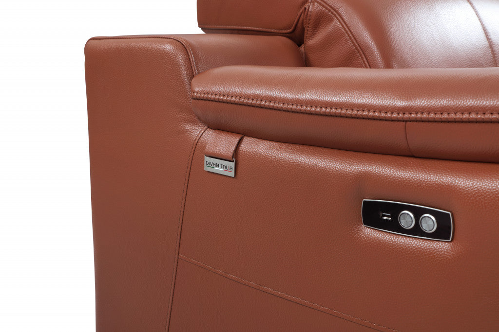 86" Camel And Silver Italian Leather Reclining USB Sofa