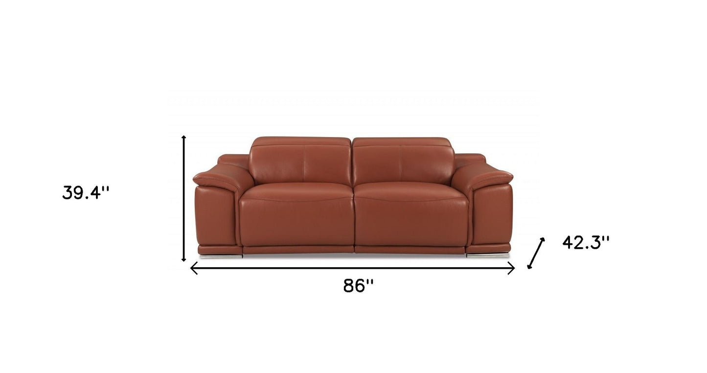 86" Camel And Silver Italian Leather Reclining USB Sofa