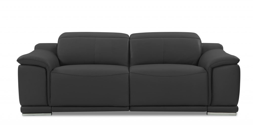 86" Dark Gray And Silver Italian Leather Reclining USB Sofa